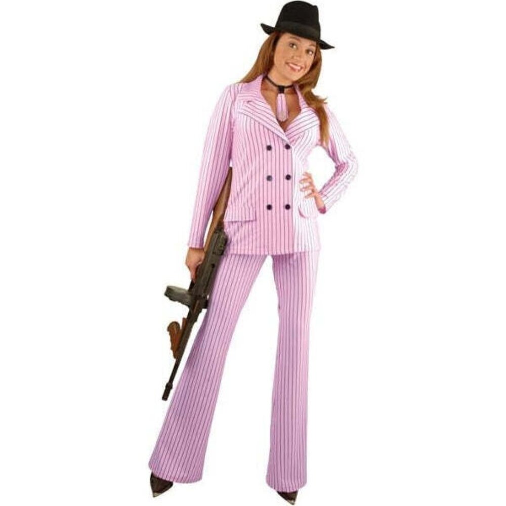 Charades Gangster Moll Suit Costume Pink Double Breasted Pin Striped Suit Small